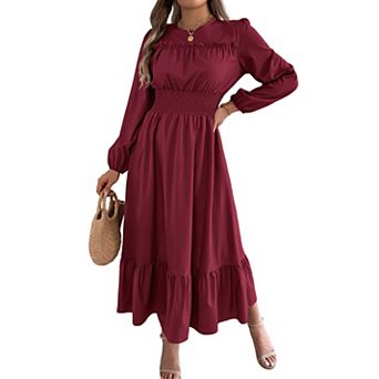 Women's Long Sleeve Ruffle Trim Smocked Waist A-Line Maxi Dress