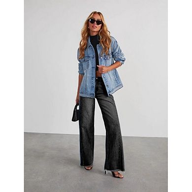 Women's Wide Leg Jeans Straight Raw Hem Denim Pants