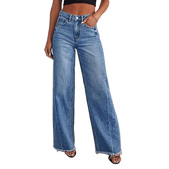 Women's Wide Leg Jeans Straight Raw Hem Denim Pants