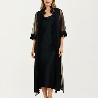 Women's 2 pc Set Smooth Sleepwear Slip Dress with Sheer Lace Trim Robe Lightweight Nightgown Set