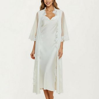 Women's 2 pc Set Smooth Sleepwear Slip Dress with Sheer Lace Trim Robe Lightweight Nightgown Set