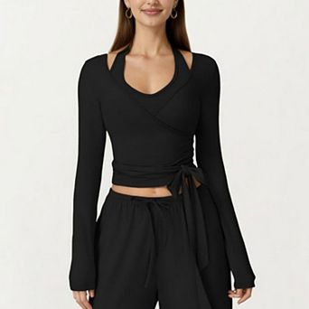 Women's Long Sleeve Wrap Front Crop Top with Tie Waist V Neck Fitted Stretch Knit Shirt