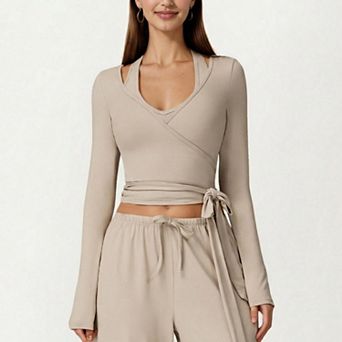 Women's Long Sleeve Wrap Front Crop Top with Tie Waist V Neck Fitted Stretch Knit Shirt