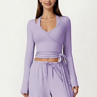 Women's Long Sleeve Wrap Front Crop Top with Tie Waist V Neck Fitted Stretch Knit Shirt