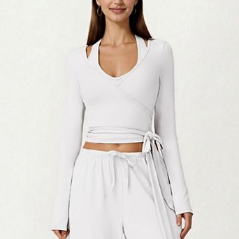 Women's Long Sleeve Wrap Front Crop Top with Tie Waist V Neck Fitted Stretch Knit Shirt