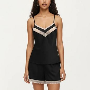 Women's 2 pc Set Satin Pajama Camisole Top and Shorts with Contrast Lace Trim Adjustable Straps