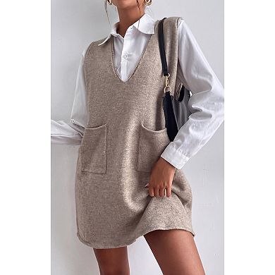 Women Tank Dress Sleeveless V Neck Loose Solid Dress with Pockets