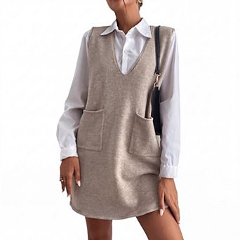 Women Tank Dress Sleeveless V Neck Loose Solid Dress with Pockets