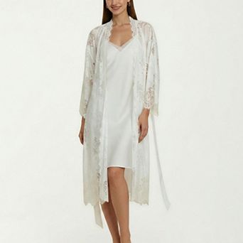 Women's 2 pc Set Smooth Sleepwear Slip Dress with Sheer Lace Long Robe Open Front Nightgown Set
