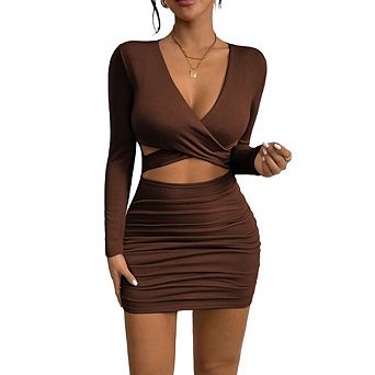 Women Tight Dress v Neck Ribbed Bodycon Long Sleeve Slim Fit Above Knee Dresses