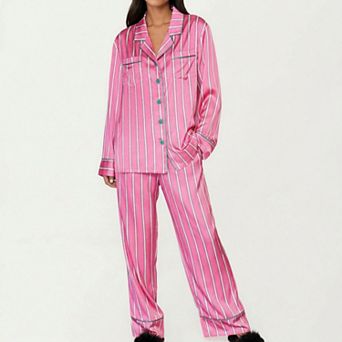 Women's 2 pc Set Button Down Pajama Shirt and Pants Long Sleeve Striped Lounge Sleepwear Set