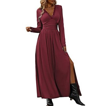 Women Long Sleeve Dress Lace V Neck Side Slit Party Dress
