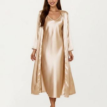 Women's 2 pc Set Satin Sleepwear Slip Dress with Matching Long Sleeve Robe Silky Pajama Set