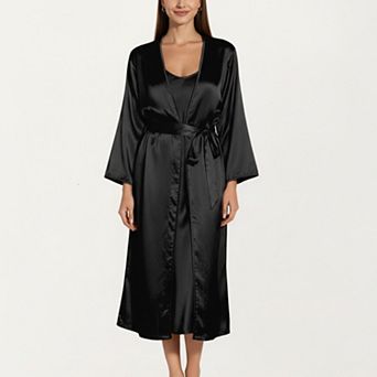 Women's 2 pc Set Satin Sleepwear Slip Dress with Matching Long Sleeve Robe Silky Pajama Set