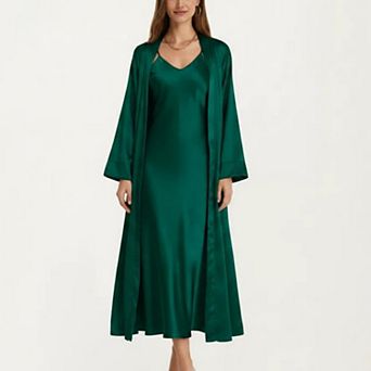 Women's 2 pc Set Satin Sleepwear Slip Dress with Matching Long Sleeve Robe Silky Pajama Set