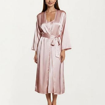 Women's 2 pc Set Satin Sleepwear Slip Dress with Matching Long Sleeve Robe Silky Pajama Set