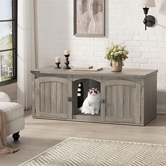 Double Cat Litter Box Enclosure, Hidden Litter Box Furniture for 2 Cats, Farmhouse Cat House