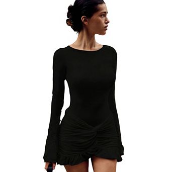 Women's Long Sleeve Pleated Bodycon Mini Dress, Elegant Party Dress