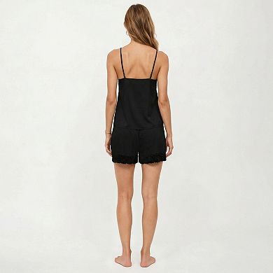 Women's 2-Piece Set Smooth Pajama Camisole Top and Shorts with Lace Trim Button Front