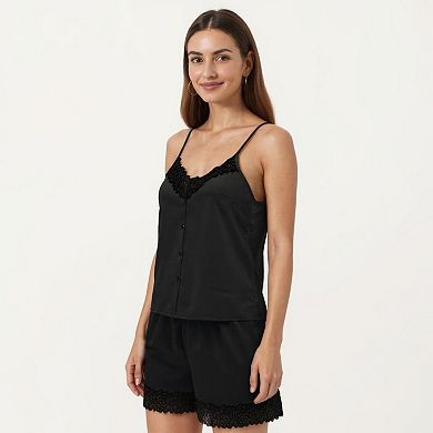 Women's 2-Piece Set Smooth Pajama Camisole Top and Shorts with Lace Trim Button Front