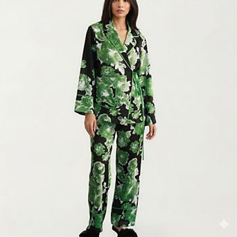 Women's 2 pc Set Button Down Pajama Shirt and Pants Long Sleeve Floral Printed Lounge Sleepwear Set
