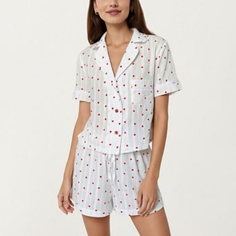 Women's 2 pc Set Button Down Pajama Shirt and Shorts Short Sleeve Heart Printed Lounge Sleepwear Set