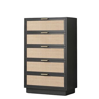 5 Drawer Rattan Dresser for Bedroom, Integrated Cabinet Body & Legs Design, Wooden Chest