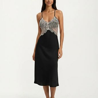 Women's Lace Trim Midi Sleep Dress Adjustable Strap Nightgown Lightweight Relaxed Fit Sleepwear