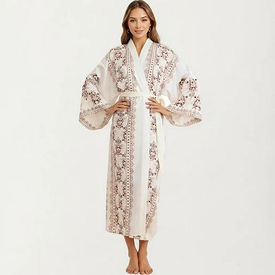 Women's Long Length Open Front Robe with Wide Sleeves Printed Lightweight Flowing Lounge Layer