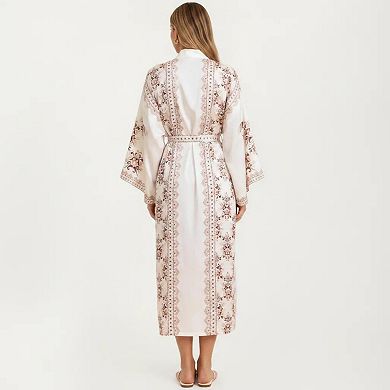 Women's Long Length Open Front Robe with Wide Sleeves Printed Lightweight Flowing Lounge Layer