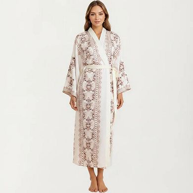 Women's Long Length Open Front Robe with Wide Sleeves Printed Lightweight Flowing Lounge Layer