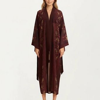 Women's Long Length Open Front Robe with Wide Sleeves Printed Lightweight Flowing Lounge Layer