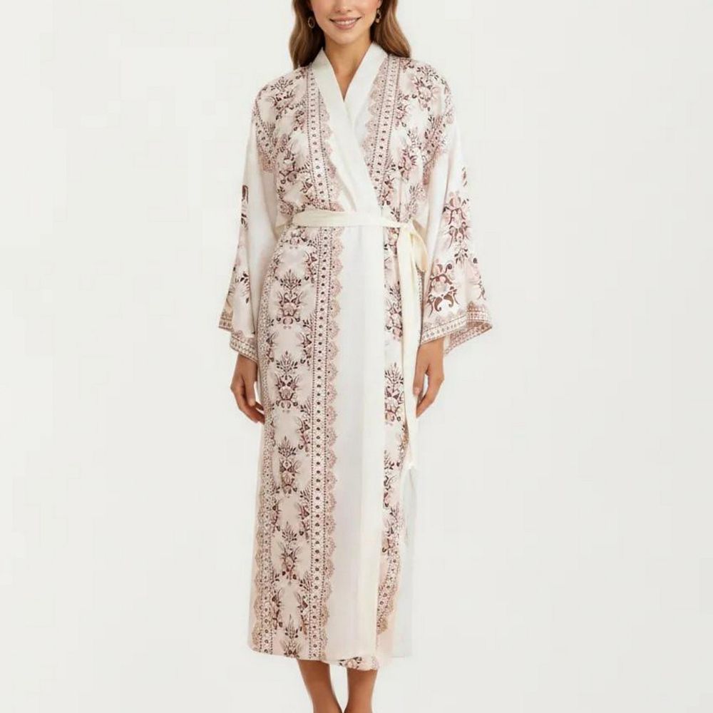Women's Long Length Open Front Robe with Wide Sleeves Printed ...