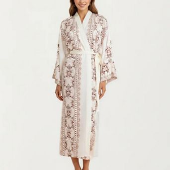 Women's Long Length Open Front Robe with Wide Sleeves Printed Lightweight Flowing Lounge Layer