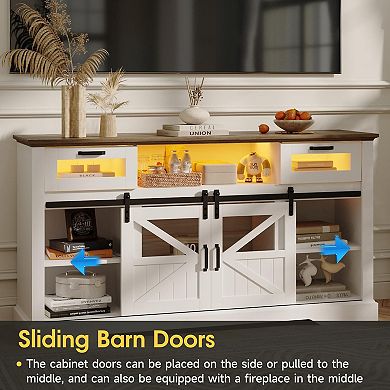 65" TV Stand,Glass Media Console Table with Adjustable Led Light & Sliding Barn Doors for Livingroom