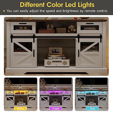 65" TV Stand,Glass Media Console Table with Adjustable Led Light & Sliding Barn Doors for Livingroom