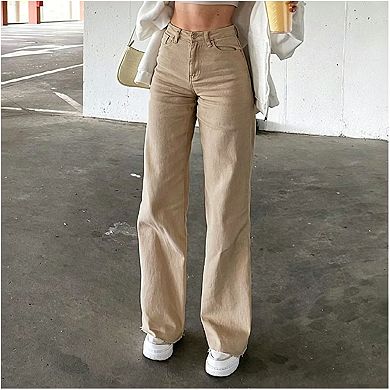 Women's High Waist Solid Color Straight Leg Jeans, Casual Slim-Fit Denim Pants