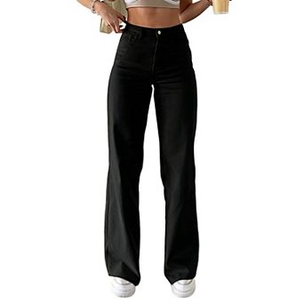 Women's High Waist Solid Color Straight Leg Jeans, Casual Slim-Fit Denim Pants