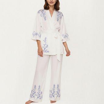 Women's 3 pc Set Pajama Lounge Set with Wrap Tie Robe Long Sleeve Top and Wide Leg Pants