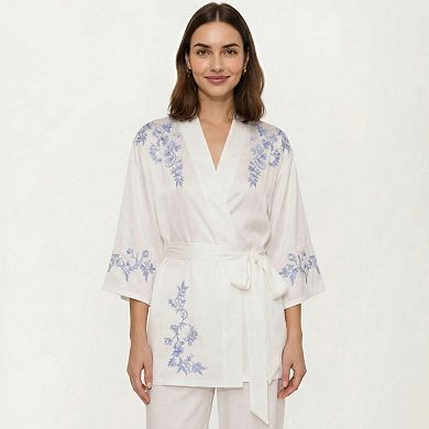 Women's 3-Piece Set Pajama Lounge Set with Wrap Tie Robe Long Sleeve Top and Wide Leg Pants