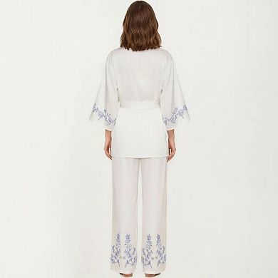 Women's 3-Piece Set Pajama Lounge Set with Wrap Tie Robe Long Sleeve Top and Wide Leg Pants