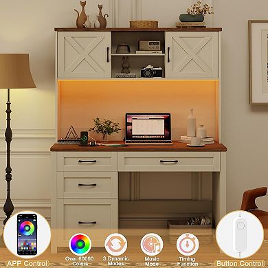 Farmhouse 67" H Executive Desk with Hutch,Computer Desk with 4 Drawers and LED light, Office table