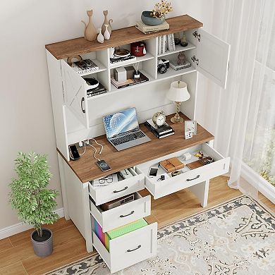 Farmhouse 67" H Executive Desk with Hutch,Computer Desk with 4 Drawers and LED light, Office table