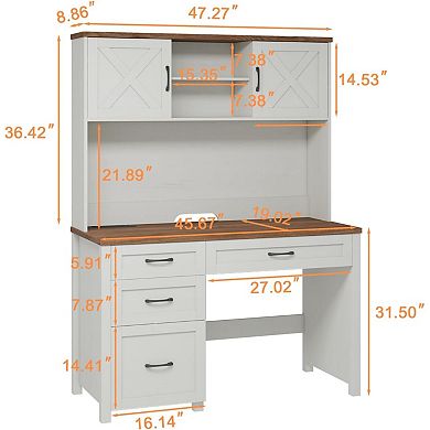 Farmhouse 67" H Executive Desk with Hutch,Computer Desk with 4 Drawers and LED light, Office table