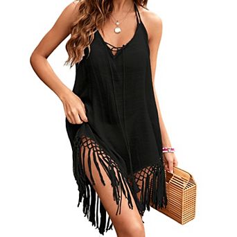 Women's Fringe Hem Halter Beach Cover Up, Solid Casual Swimwear Cover-Up Dress