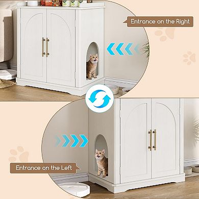 Cat Litter Box Enclosure with Reversible Entrance,Cat House with Gold Handles & Storage Compartments
