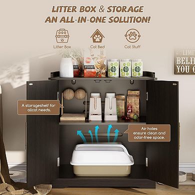 Cat Litter Box Enclosure with Reversible Entrance,Cat House with Gold Handles & Storage Compartments