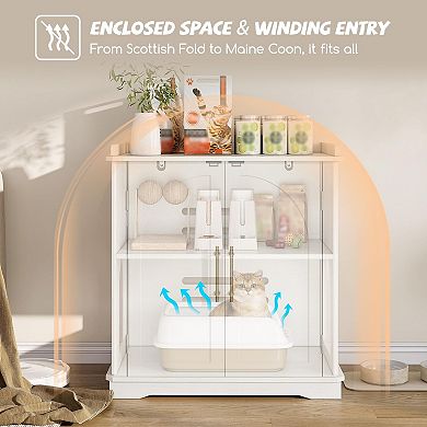 Cat Litter Box Enclosure with Reversible Entrance,Cat House with Gold Handles & Storage Compartments