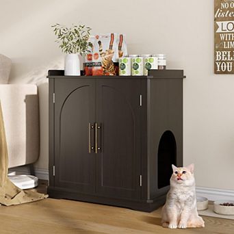 Cat Litter Box Enclosure with Reversible Entrance,Cat House with Gold Handles & Storage Compartments