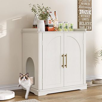 Cat Litter Box Enclosure with Reversible Entrance,Cat House with Gold Handles & Storage Compartments